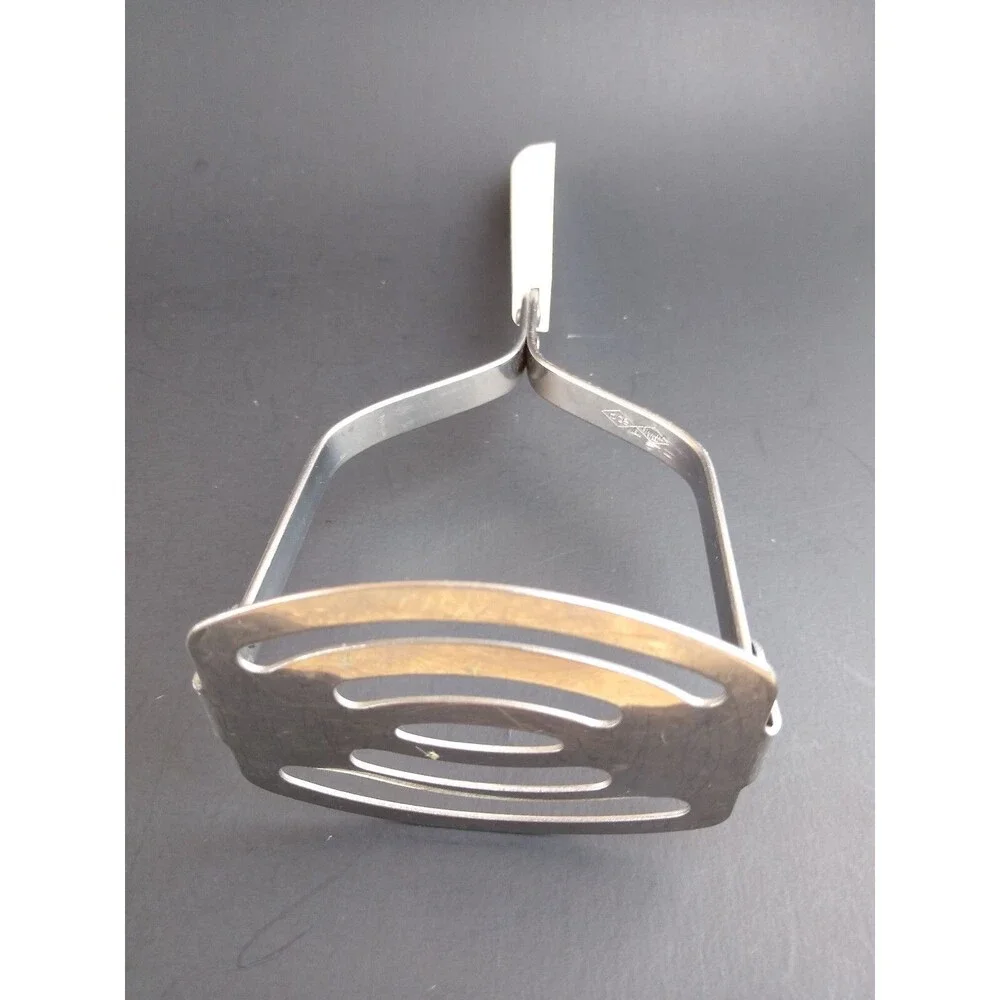 Vintage Stainless Steel Slotted Potato Masher Blue and White Handle Ace